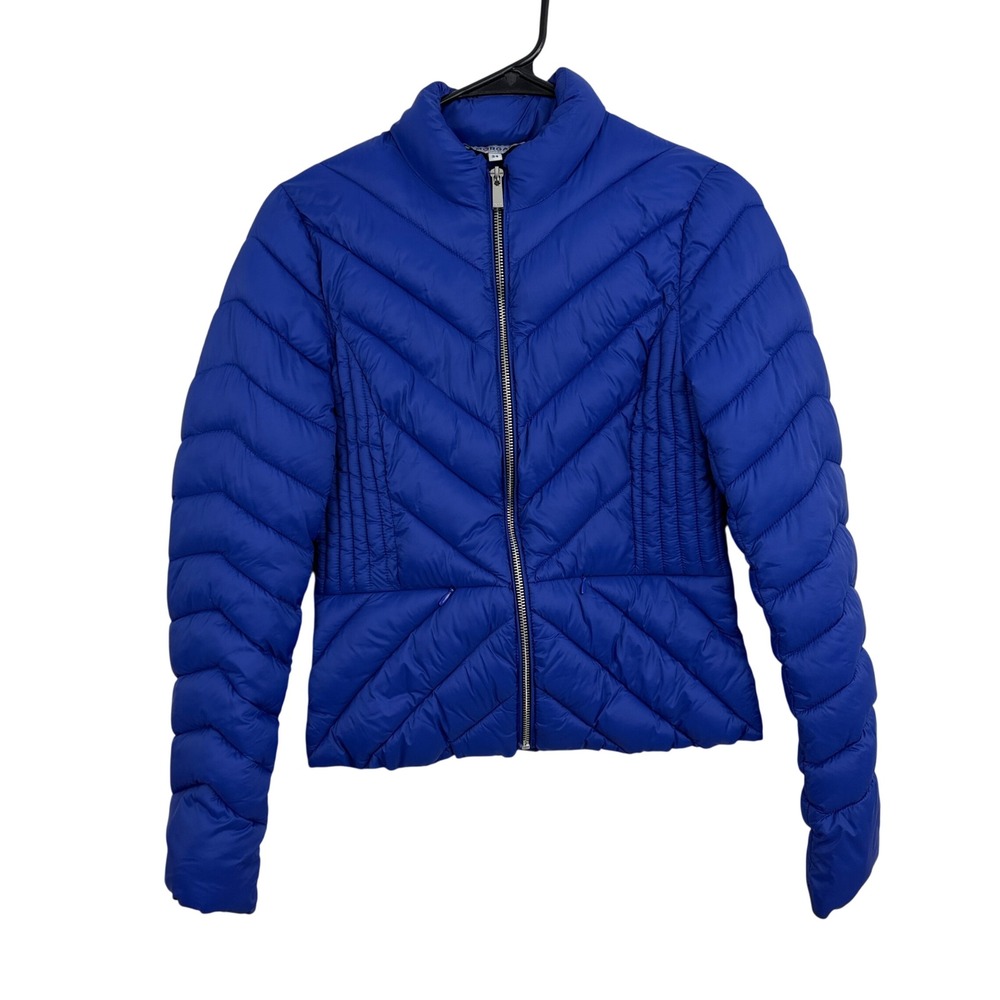Morgan de Toi Jacket Womens 34 Blue Puffer Chevron Quilted Zip Up Mock Neck Pad